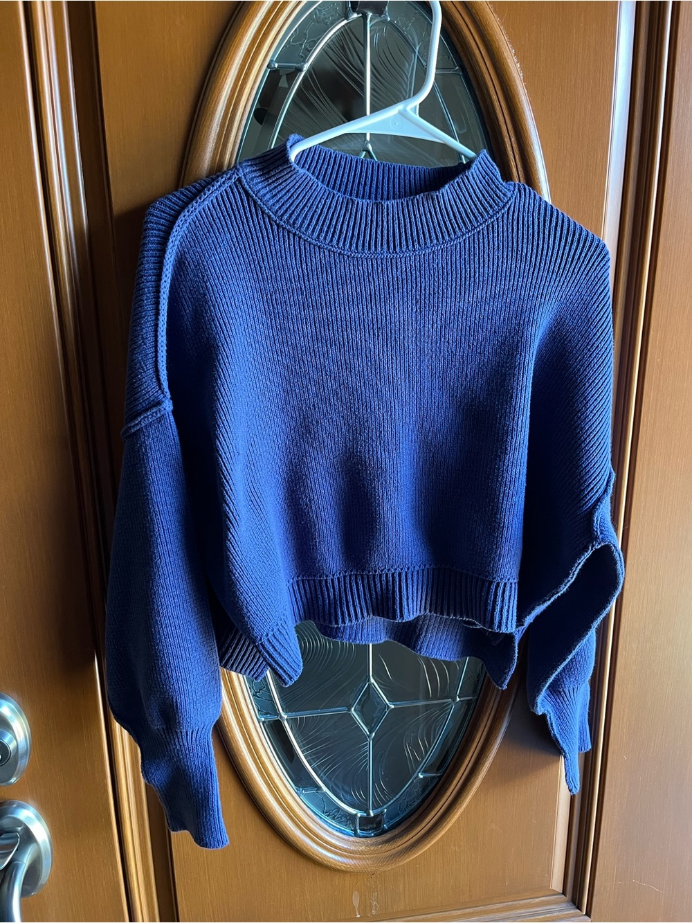 Free People Navy Blue Cropped Ribbed Crewneck Sweater Womens Size XS